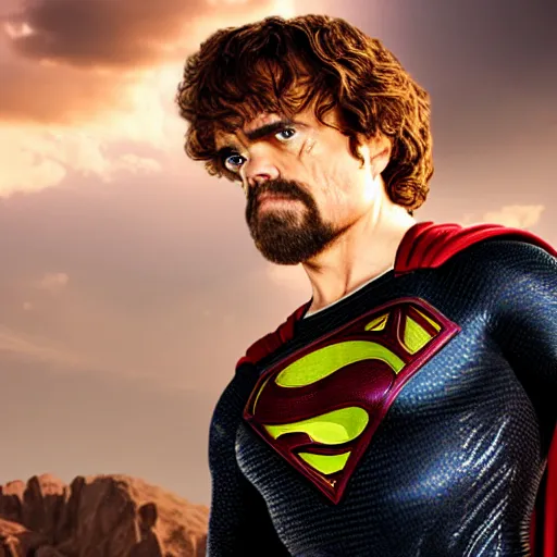 Image similar to stunning awe inspiring peter dinklage as superman, movie still 8 k hdr atmospheric lighting