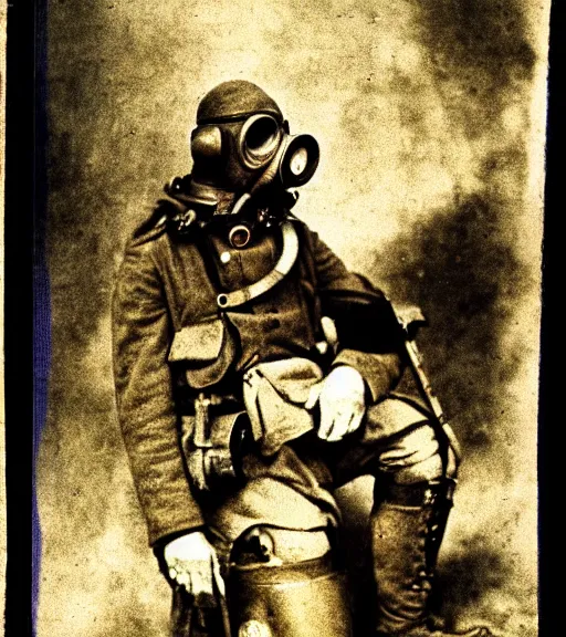 Image similar to person wearing gas mask, ww1 technicolor film photo, grainy, high detail, high resolution