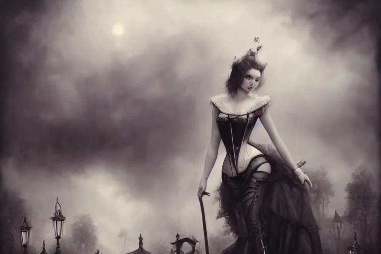 Image similar to By Tom Bagshaw, ultra realist soft painting of curiosities carnival by night, very beautiful horn single female blinking gothic corset , symmetry accurate features, very intricate details, ominous sky, black and white, volumetric light clouds