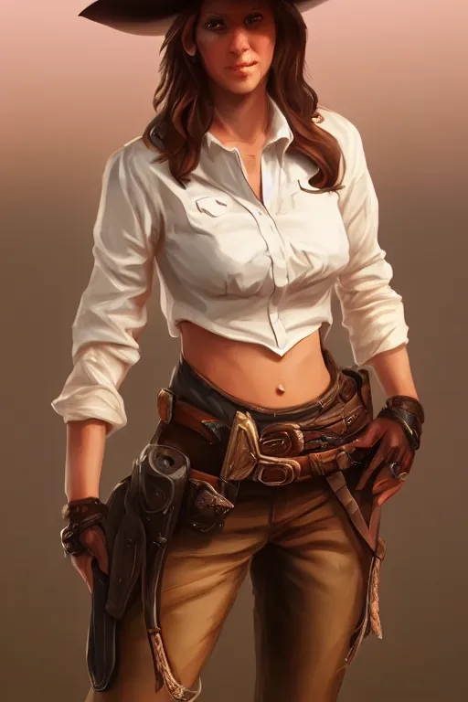 Image similar to full body, female cowgirl, perfect face, white blouse, holster, 8 k, magic the gathering, desert, d & d, artstation, high detail, smooth, sweaty character concepts by senior concept artist