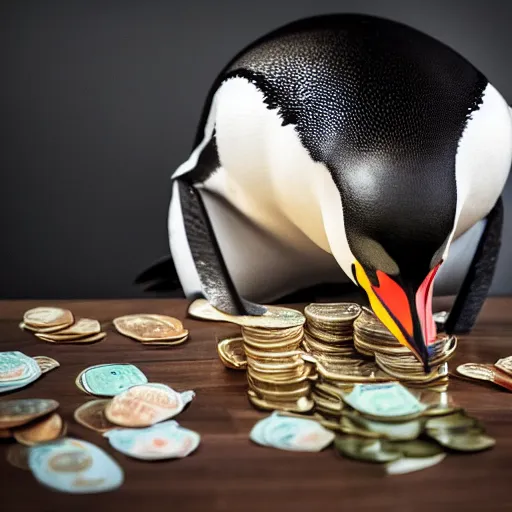 Prompt: Penguin counting its money on the kitchen table, lots of bills, 4k, moody lighting