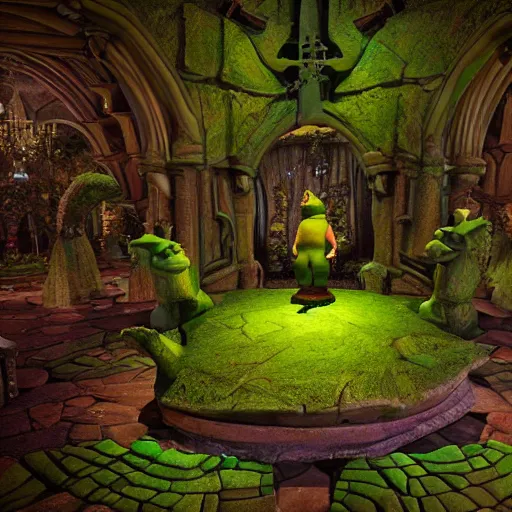 Prompt: inside of a shrek worshipping sanctuary, ornate, beautiful, green, get outta me swamp, shrek statues, shrek is love shrek is life, extremely detailed, octane render, shrek worship, ray traced, post processing, octane render