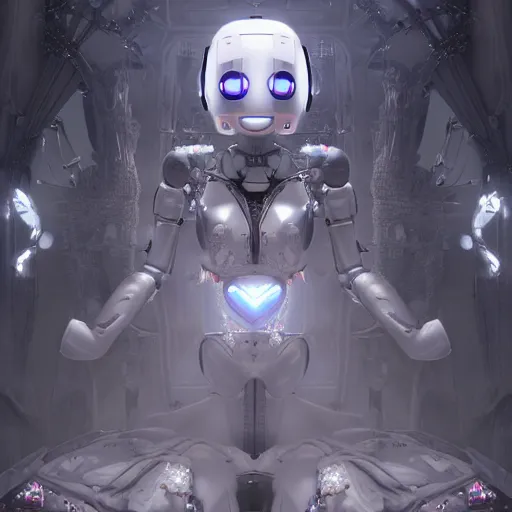 Prompt: female white robots with heart organ, dressed in iwhite ntricate gothic futuristic veils and jewels, epic environment, matte painting, diffused lighting, highly detailed, cinematic, epic atmosphere, digital art, trending on artstation, wide angle