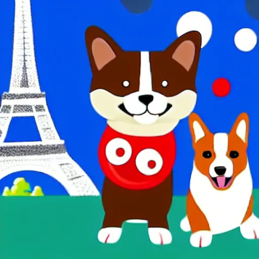 Image similar to illustration of french boy playing football with a corgi wearing a polkadot scarf in front of the eiffel tower