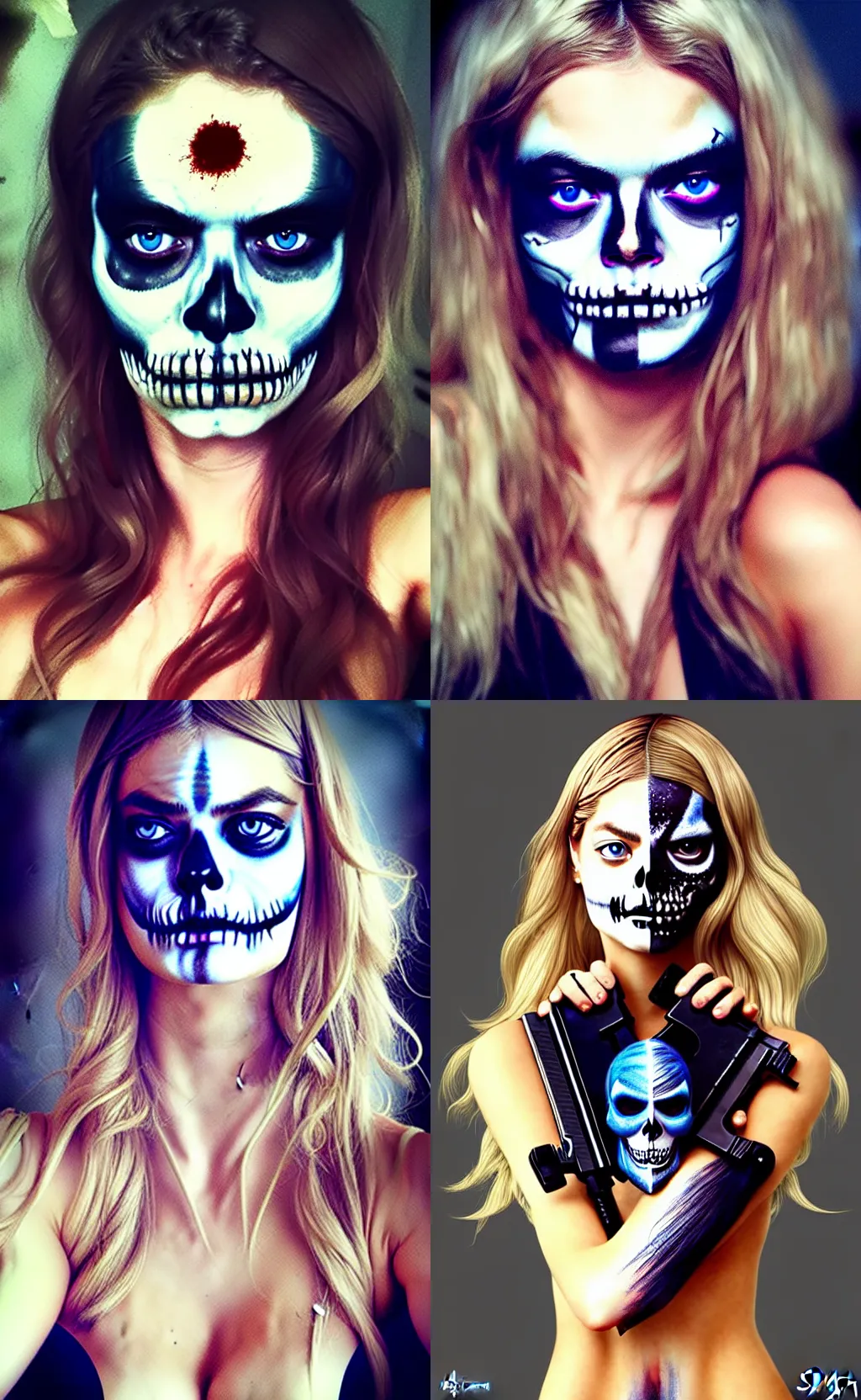 Prompt: in the style of artgerm, Samara Weaving with skull paint on her face, holding a shotgun