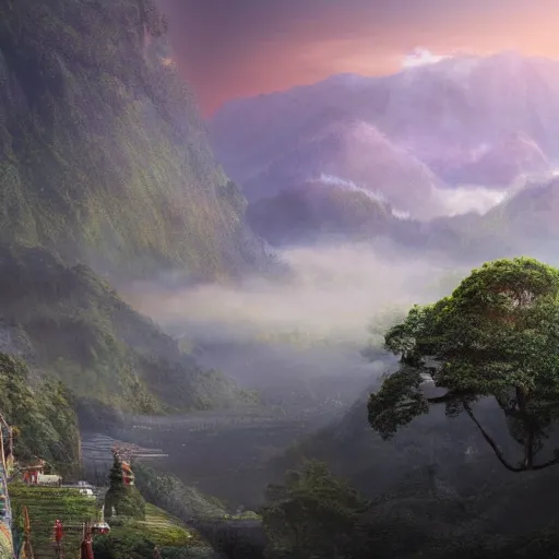 Prompt: a beautiful and highly detailed digital art of nepal in science fiction movie, detailed high buildings and rockets, forgotten valley, nepali architecture buildings, flying spaceships, swirling mist, lush forests, intricate details, epic scale, insanely complex, 8 k, sharp focus, hyper realism, fantasy landscape, psychedelic, by caspar friedrich,