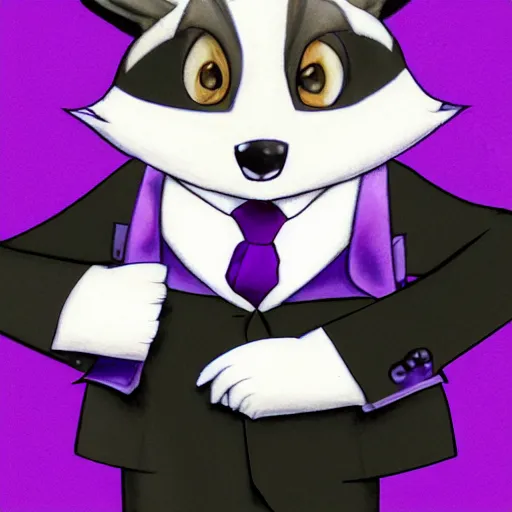 Prompt: colored pencil sketch of an anthropomorphic male purple fox furry fursona in a tuxedo with medium length black hair, handsome eyes, trending on artstation, furaffinity, posing with hands in pocket