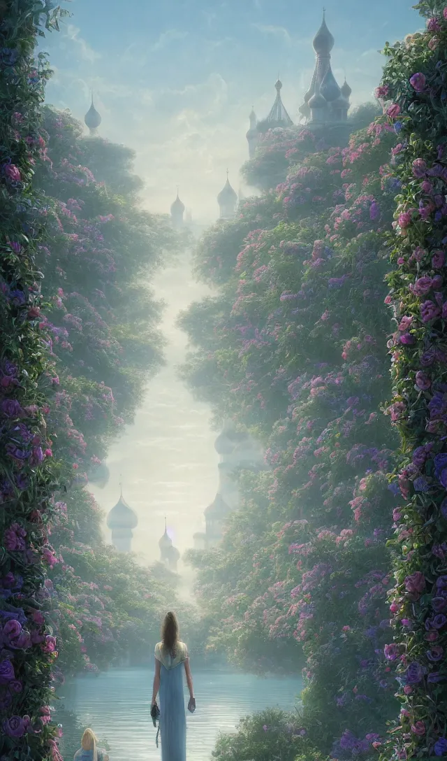 Image similar to vanishing point, palace like the kremlin in distance on a lake is covered with aqua blue roses, viewed from afar, stephen bliss, misty, unreal engine, fantasy art by greg rutkowski, loish, ferdinand knab, and lois van rossdraws,, global illumination, radiant light, minimalist, detailed and intricate environment
