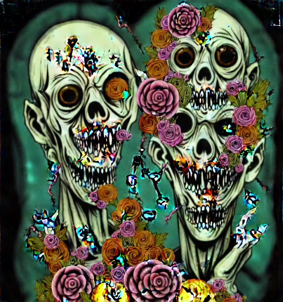 Prompt: zombie, punk rock, young male, grotesque, grotto, multicolored faces, fruit and flowers, gemstones for eyes, botanical, vanitas, sculptural, cartoon style, baroque, rococo, intricate detail, spiral, ornamental, kaleidoscopic, soft, atmospheric