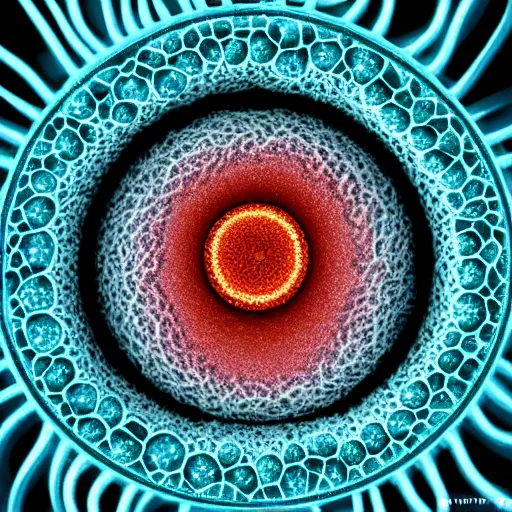 Prompt: tunneling electron microscope image of an alien eukaryote, false color, MIT technology review, Nature journal cover, nobel prize, popular science, 8k ultra HD, sharp focus