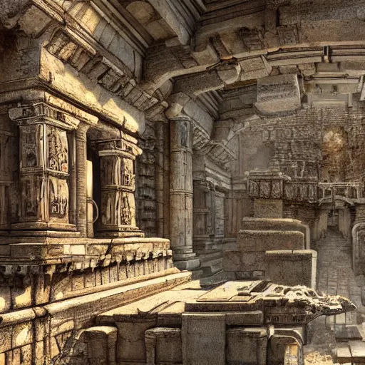 Prompt: realistic hyper detailed hardsurface modelled 3 d geometry,, tomb raider temple ruins, deep perspective, wide angle, insanely detailed and intricate,, eal, gold, silver red, sir james guthrie painting