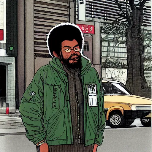 Image similar to illustration by katsuhiro otomo, black man with afro hair, raspy beard stubble, wearing an adidas army green jacket, in the streets of tokyo, akira style, by katsuhiro otomo