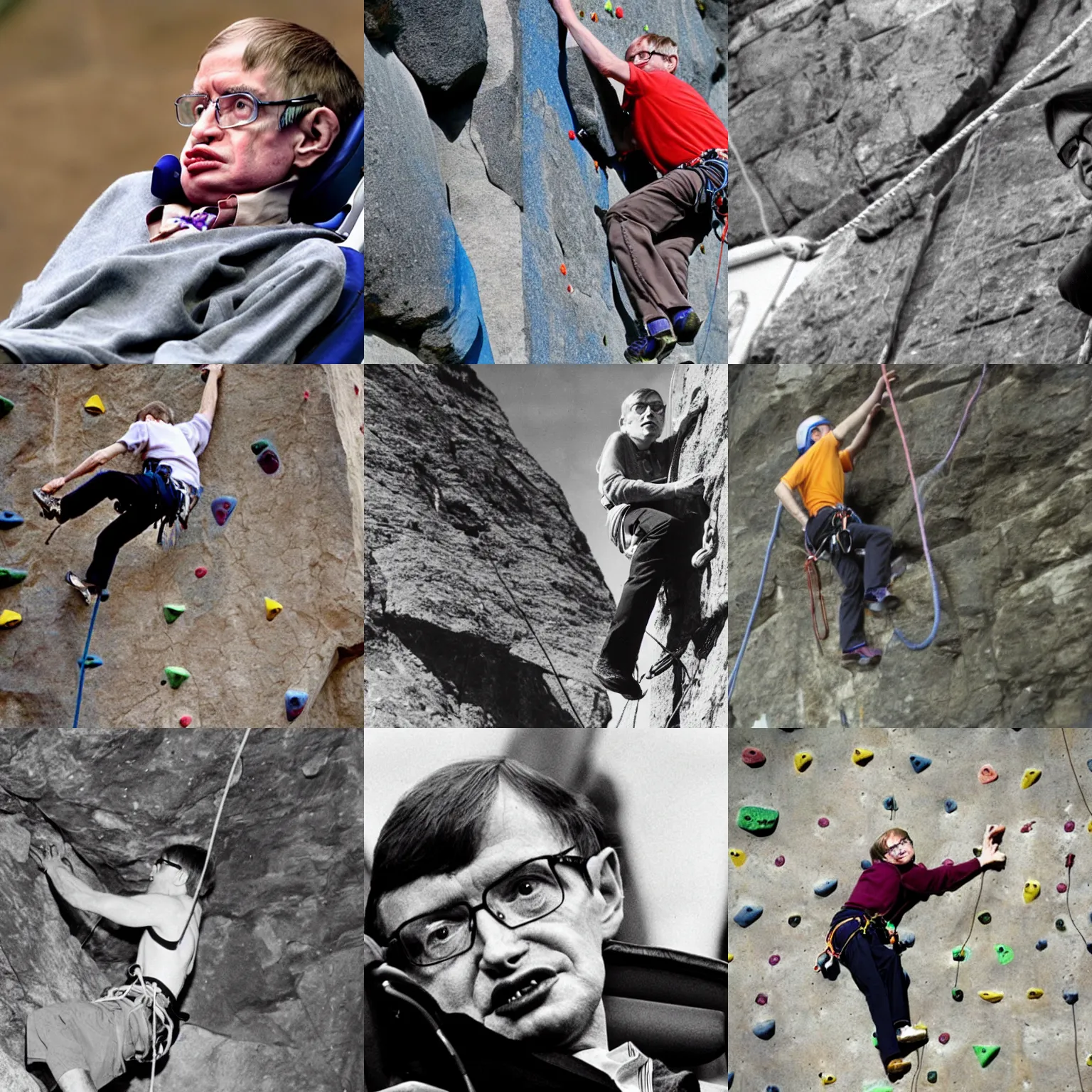 Prompt: Stephen Hawking in a rock climbing competition Olympics