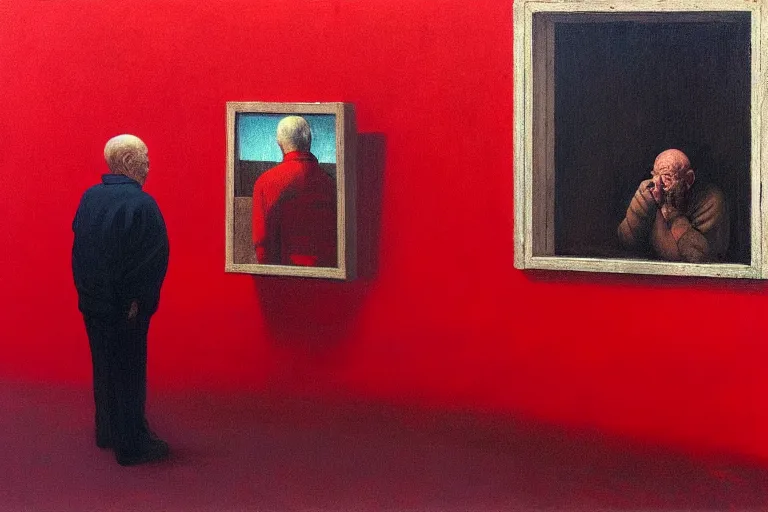 Image similar to only with red, a red old man try to sell a portrait, cheering crowd, in a old city square, in the style of beksinski, parts by edward hopper, parts by rodcenko, parts by yue minjun, intricate and epic composition, red by caravaggio, insanely quality, highly detailed, masterpiece, red light, artstation, 4 k