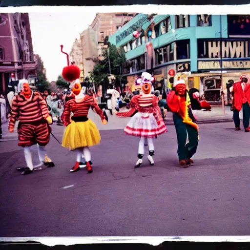 Image similar to gang of 1950s clowns protesting in the streets, shot on point and shoot camera