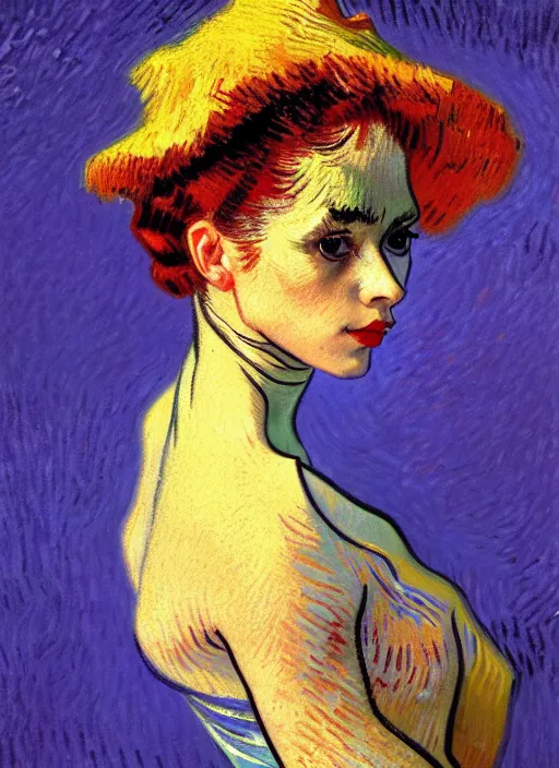 Image similar to !! portrait of a beautiful parisian dancer!!, detailed face, symmetrical painting, beautiful expressionist oil painting masterpiece, 8 k resolution, by van gogh, smooth, sharp focus, pastel color palette, trending on artstation