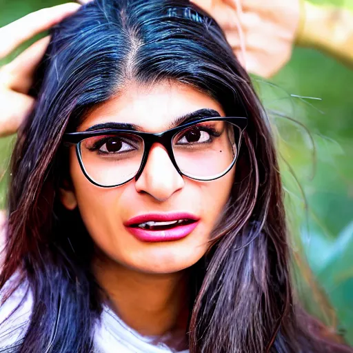 Prompt: a photo of mia khalifa being surprised, 50mm close up photography