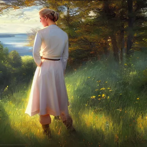 Prompt: blonde Princess Leia, Swedish countryside, landscape view, archipelago, painting by Vladimir Volegov, wlop, artstation