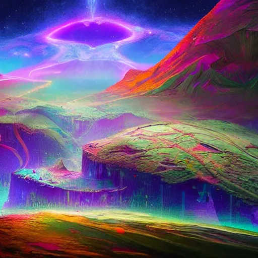 Prompt: a visonary art psychedelic landscape of an alien crystalline kingdom, by erial ali, artstation trending, cgsociety