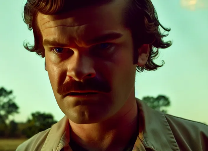 Image similar to film still of jim hopper as steve harrington in stranger things, 8 k