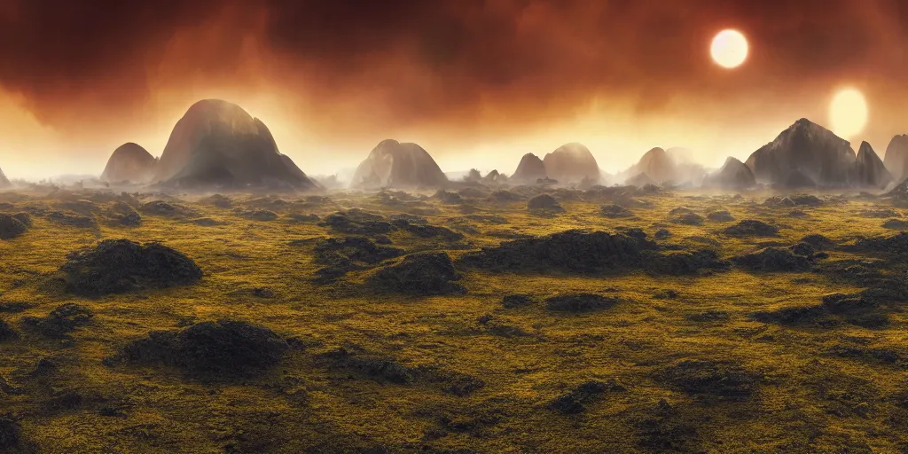 Image similar to A landscape of an alien planet stretching as far as the eye can see, with misty rolling hills on bizarre floating rock formations, vigorous misty mountains, and rainy thunderclouds, raining, landscape photography, landscape imagery, landscape perspective, trending on artstation, artstationHD, artstationHQ, 4k, 8k, yellow color scheme.