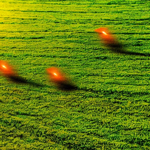 Prompt: a wide angle photo of three small orange glowing people flying over rolling green hills, far away, inspiring, beautiful, brightly colored, paranormal