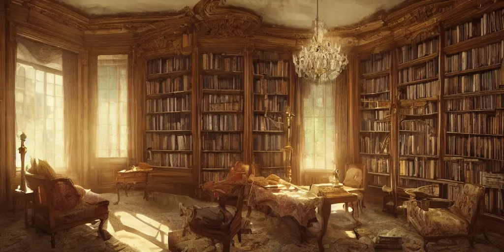 Prompt: photo of a mansion library room. cozy. trending on artstation. cgsociety. art by greg rutkowski and moebius.