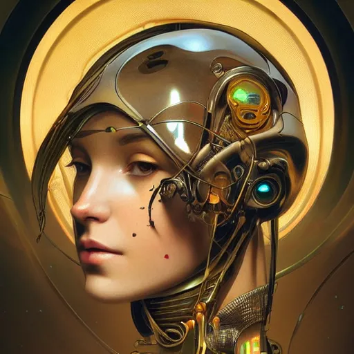 Image similar to portrait of a beautiful female android, coy, circuitry visible in head, in the style of ex machina, karol bak, alphonse mucha, greg rutkowski, award winning, hr giger, artstation