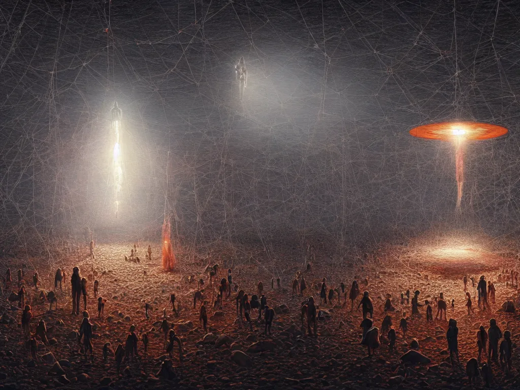 Image similar to first contact between humans and aliens by paul gustave fischer, kent monkman, chiharu shiota, joseph ducreux, artstation, volumetric light, high detail, perfect, concept art, 8 k, realistic