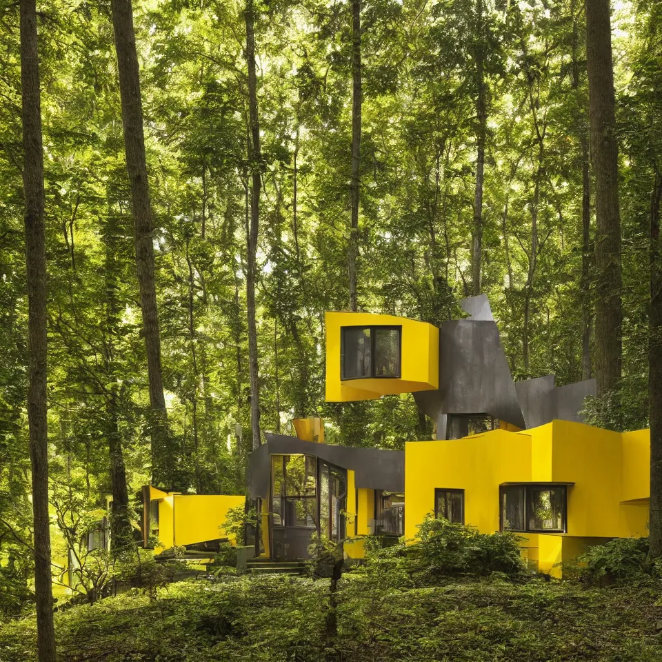 Image similar to a small flat house in the forest, designed by Frank Gehry. Big Tiles. Film grain, cinematic, yellow hue