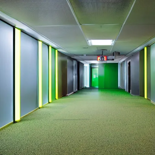 Prompt: a green glowing exit sign in a drab, desolate, musty, yellow carpeted, yellow walled office room from the mid nineties