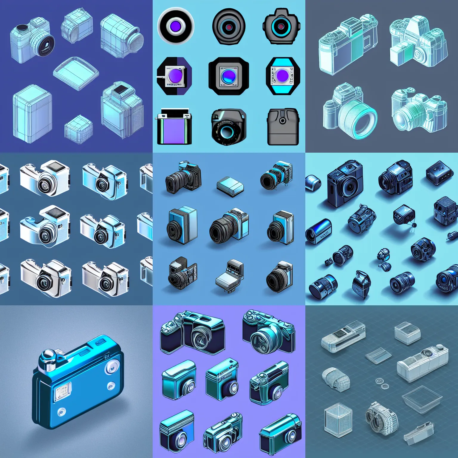 Prompt: an icon set of a camera in light blue metallic iridescent material, 3 d render isometric perspective on dark background