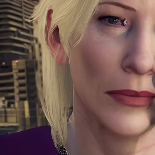 Image similar to cate blanchett in grand theft auto V, gaming, detailed, 4k