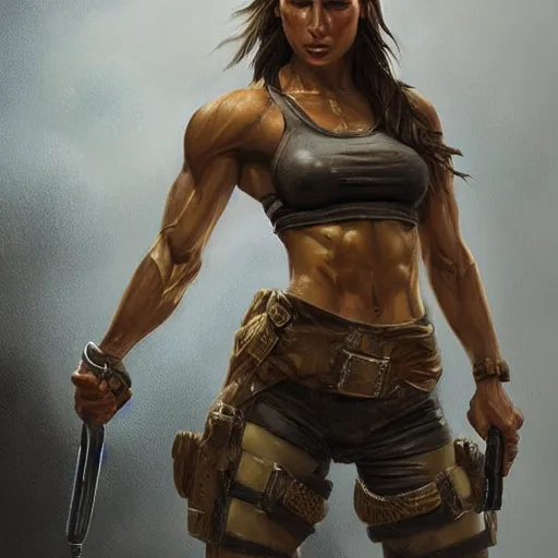 Image similar to detailed portrait of lara croft as a female bodybuilder military officer, fantasy, intricate, elegant, highly detailed, digital painting, artstation, concept art, matte, sharp focus, illustration, art by aenaluck and roberto ferri and greg rutkowski, epic fantasy, digital painting