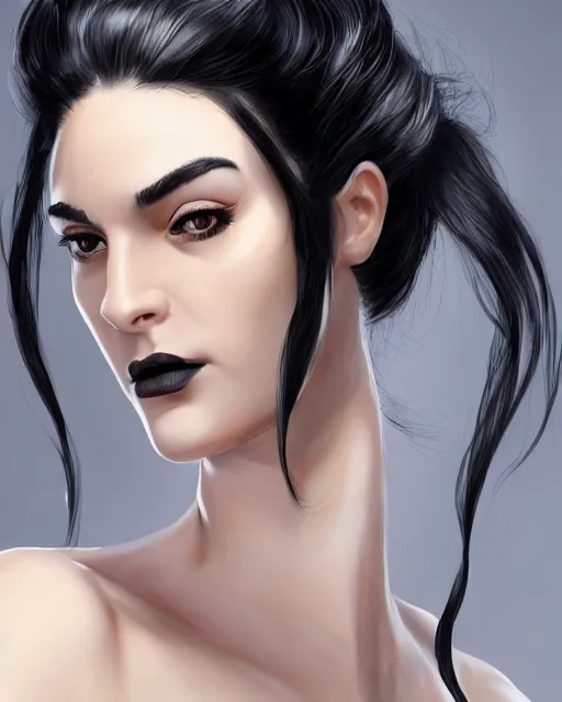 Image similar to portrait of a tall 4 0 - year - old woman with thin lips, long, lush black hair gathered on the head bun, and thick eyebrows, haughty facial expression, wearing in black clothes, aristocratic appearance, hyper realistic face, beautiful eyes, character art, art by mark brooks, hyperdetailed, cryengine, trending on artstation, digital art