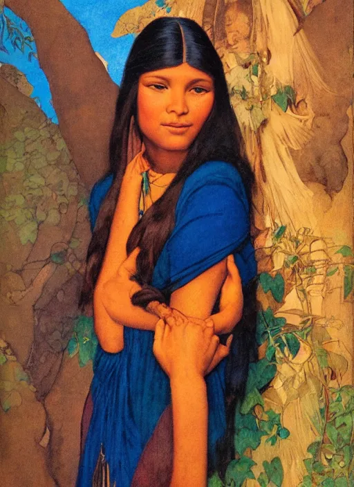 Prompt: realistic portrait of pocahontas, detailed art by maxfield parrish and jessie willcox smith, illustration style, brandywine school, acrylic paints