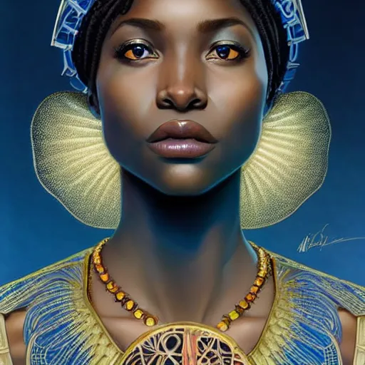 Prompt: Portrait of very very very very very very beautiful african woman, spacesuit, blue eyes, intricate, elegant, highly detailed, digital painting, artstation, concept art, smooth, sharp focus, illustration, art by artgerm and greg rutkowski and alphonse mucha