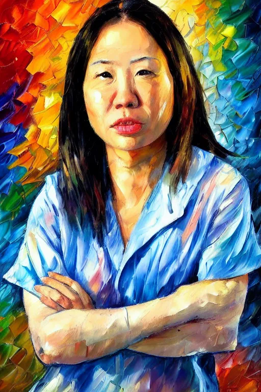 Image similar to palette knife oil painting portrait of police psychiatrist tracy wong, extreme detail, style by leonid afremov and degas, artstation trending, artgerm, deviant art, octane, substance, art history 8 k