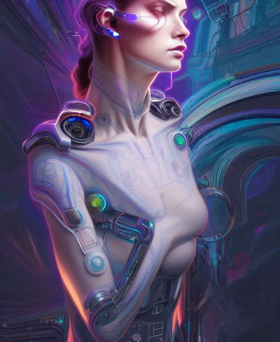 Image similar to a whirlwind of souls rushing inside the metaverse, hologram, half body, neurochip, shaved temple, piercing, jewelry, android, cyborg, cyberpunk face, by loish, d & d, fantasy, intricate, elegant, highly detailed, colorful, digital painting, artstation, concept art, art by artgerm and greg rutkowski and alphonse mucha