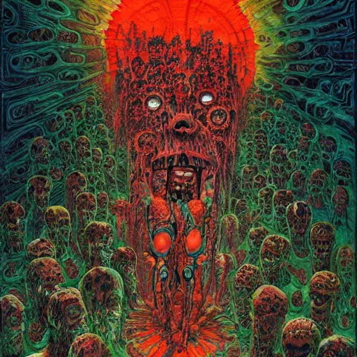 Image similar to a grand scale painting of lament configuration box floating above skinned bloody man in hell by clive barker and alex grey and lisa frank and beksinski