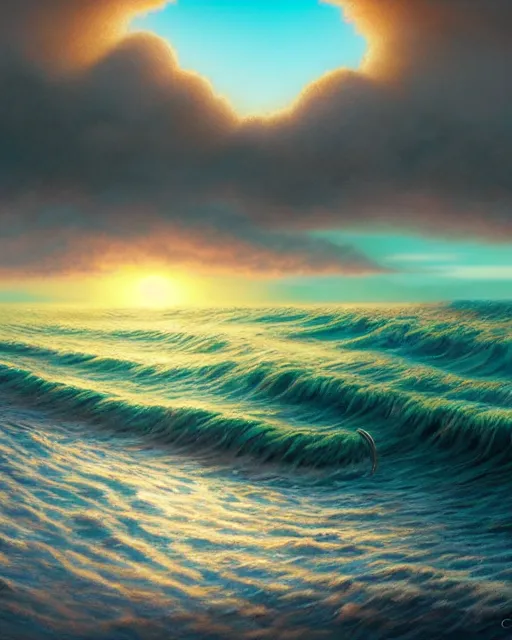 Image similar to sea with big perfect rolling waves, shore, sunset, hyper realistic, artstation, illustration, nicoletta ceccoli, mark ryden, lostfish, dan decarlo, bob clampett, max fleischer, digital paint, matte paint, vivid colors, detailed and intricate environment