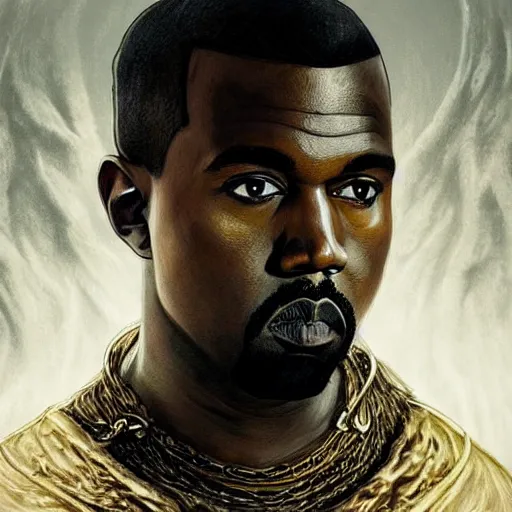 Image similar to kanye west in lord of the rings, intricate, highly detailed, digital painting, artstation, concept art, matte, sharp focus, illustration, art by artgerm and greg rutkowski and alphonse mucha