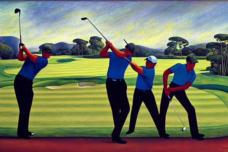 Image similar to Three golfers on a beautiful golf course driving range, by Diego Rivera