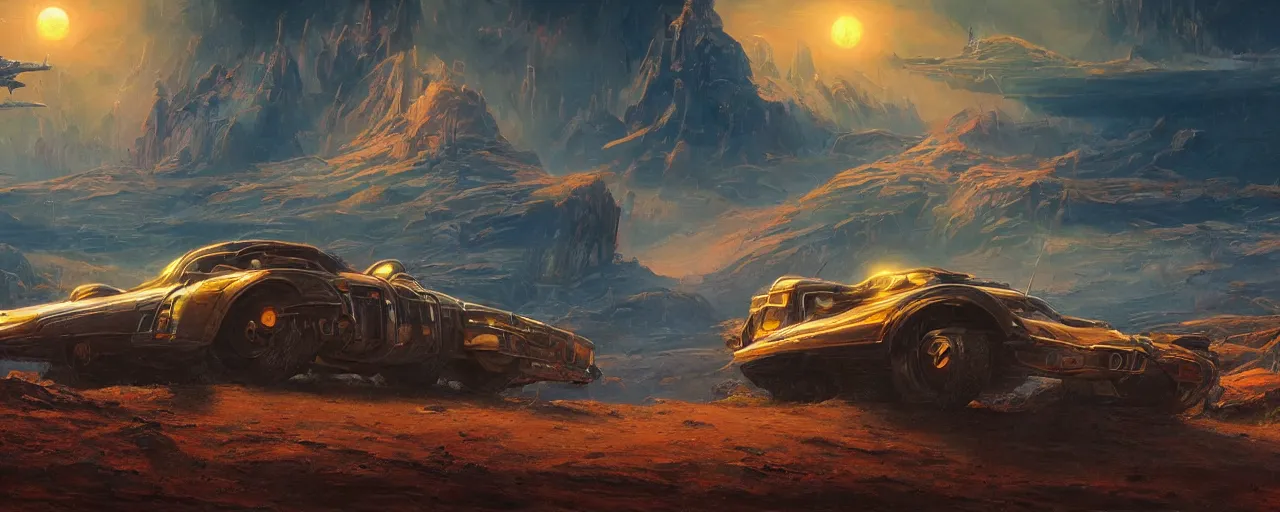 Prompt: cinematic vehicle in retro scifi landscape, beautiful colours, sharp textures, nikolay georgiev, alex ross, bruce pennington, donato giancola, larry elmore, masterpiece, oils on canvas, trending on artstation, featured on pixiv, cinematic composition, sharp, details, hyper - detailed, hd, hdr, 4 k, 8 k