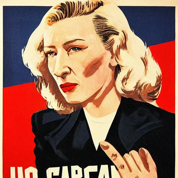 Image similar to soviet propaganda poster with cate blanchett calling on the world community to fight against Nazism, Ultra Detailed, soviet realism