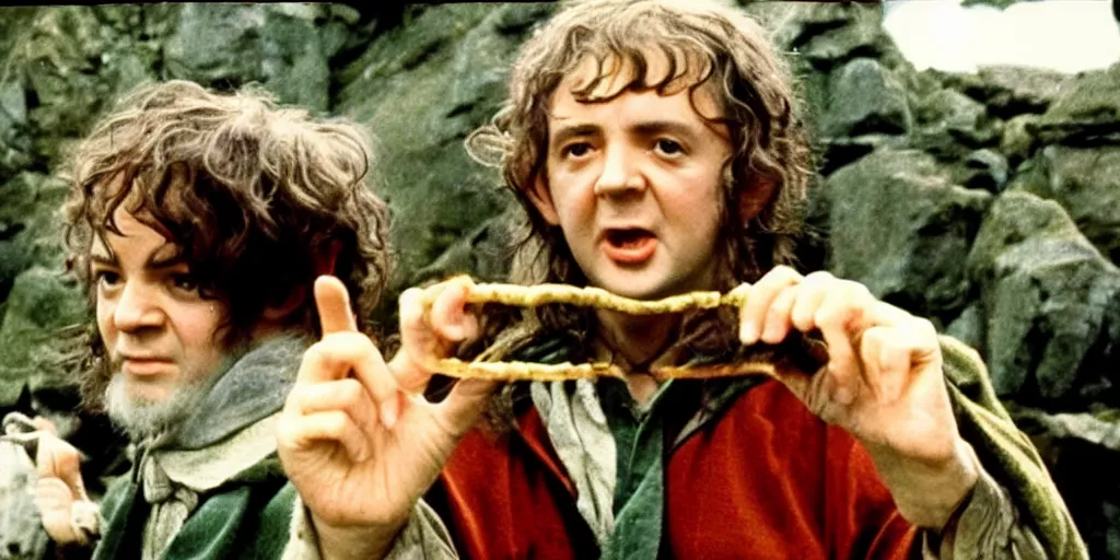 Image similar to A full color still from Stanley Kubrick’s Lord of the Rings featuring Paul McCartney as a hobbit, holding a golden ring inside his home, 35mm, 1970