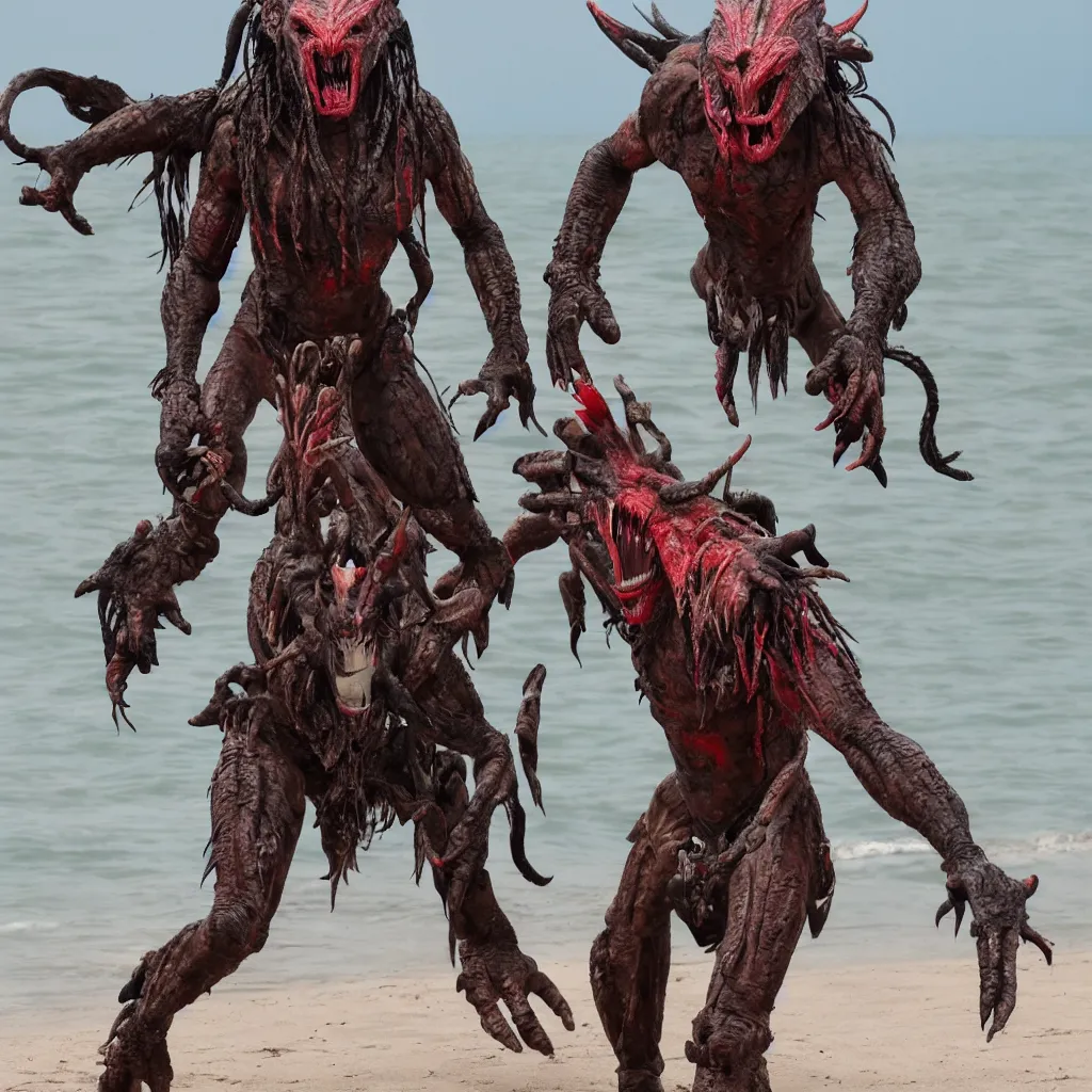 Prompt: predator yautja at the beach for holiday