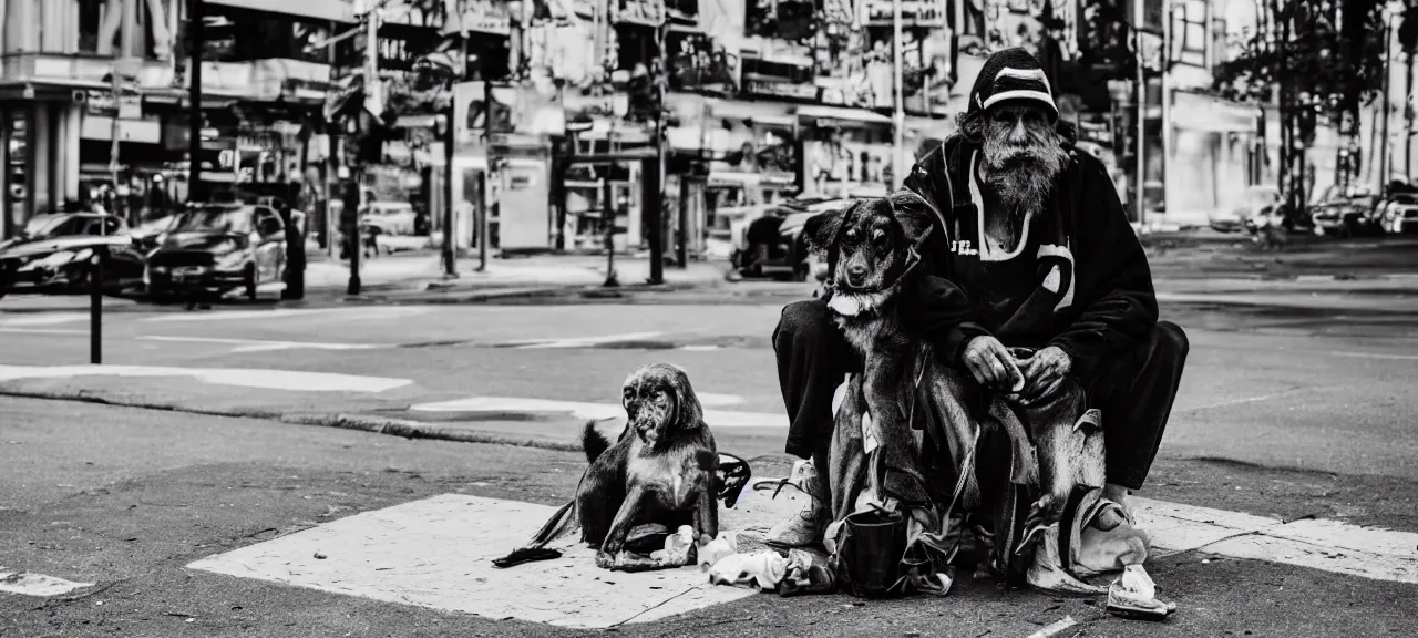 Prompt: Black and white portrait of a homeless man with his dog sitting on a busy city street corner with a cardboard sign. Award winning, depth of field