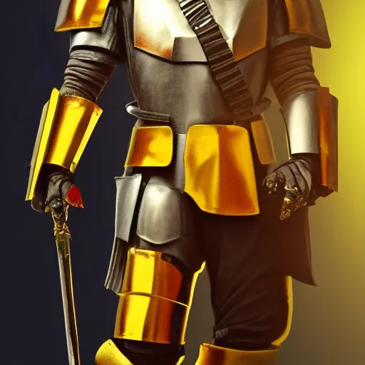Image similar to a highly detailed knight in a mandalorian golden helmet and crown with a diamond in the center, golden armor, red leather clothes under the armor, leather gloves, holds a black sword, artstation, DeviantArt, professional, octane render, sunset lighting