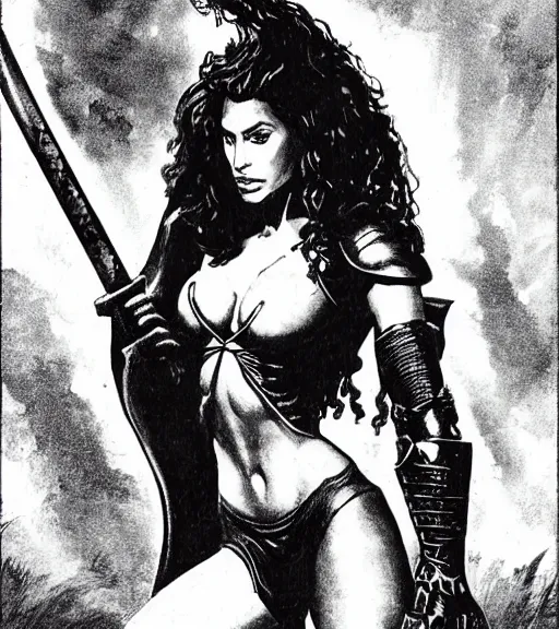 Image similar to 1 9 8 0 s fantasy novel book cover, amazonian eva mendes in extremely tight bikini armor wielding a cartoonishly large sword, exaggerated body features, dark and smoky background, low quality print